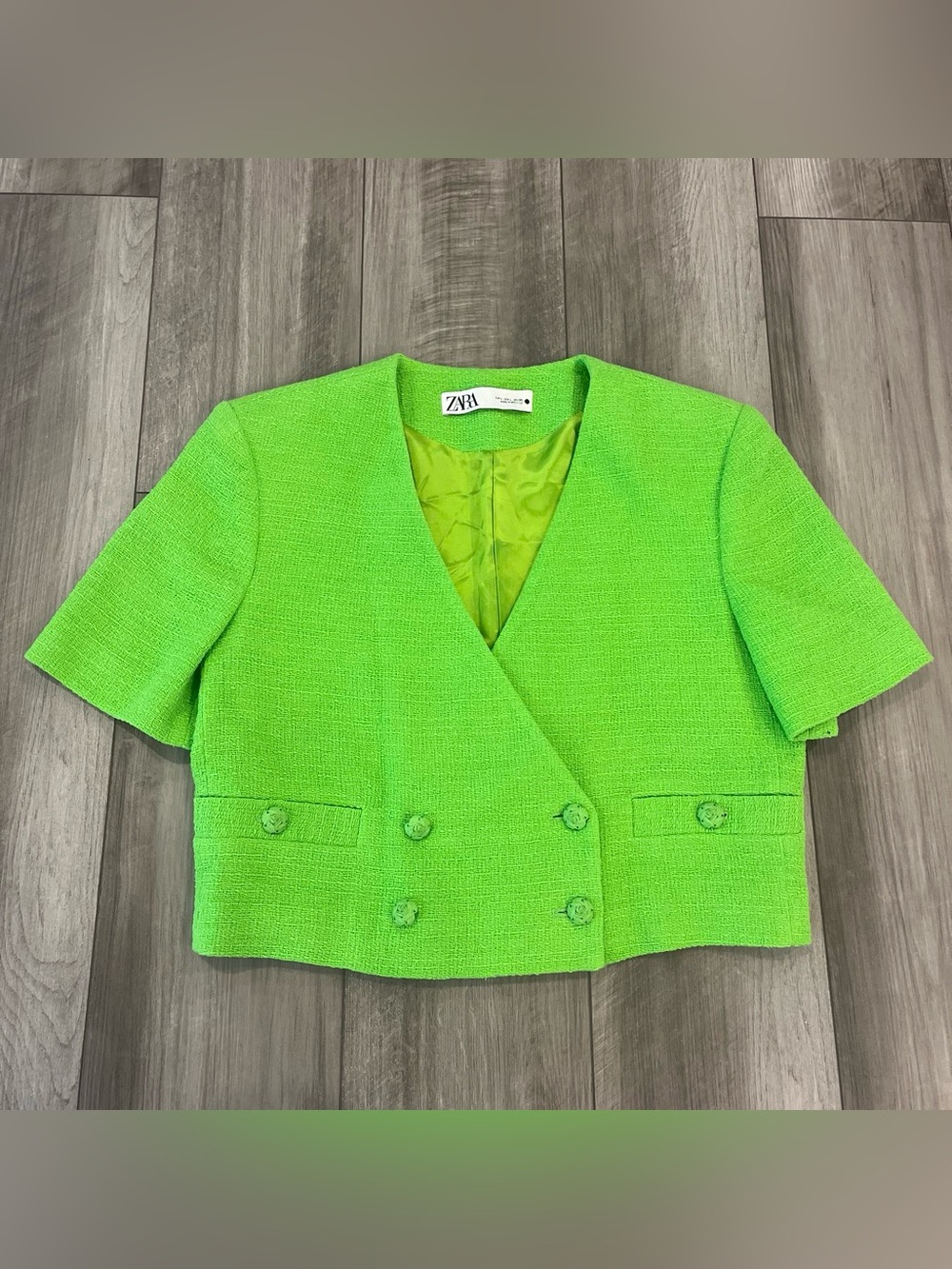 Zara Cropped Double-Breasted Short Sleeve Jacket - Neon Lime Green